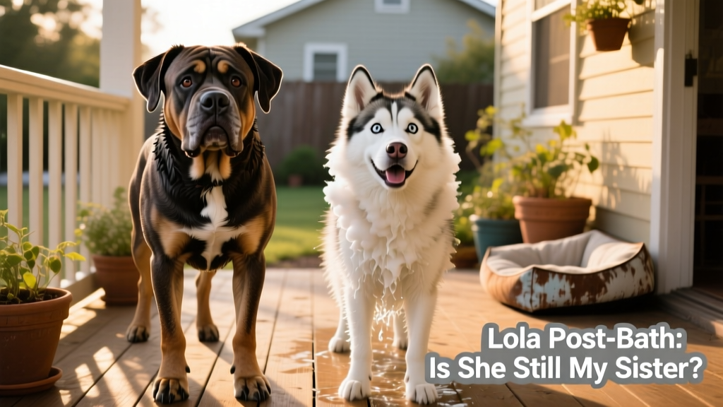 Side-by-side comparison showing Rambo’s puzzled expression next to Lola post-bath