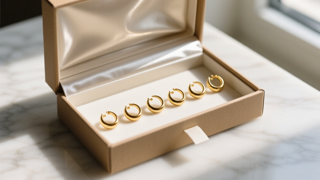 Top-down view of a cardboard jewelry box with polyethylene lining, anti-tarnish strips, and neatly arranged gold hoops.