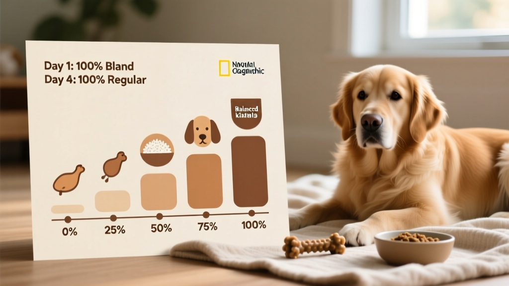 A split feeding chart showing gradual food transition percentages across four days, with icons representing bland and regular food