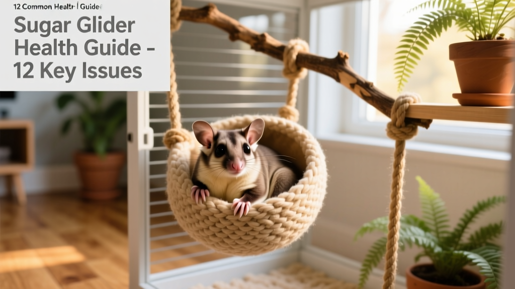 Sugar glider resting comfortably in a nesting pouch inside a clean, enriched enclosure