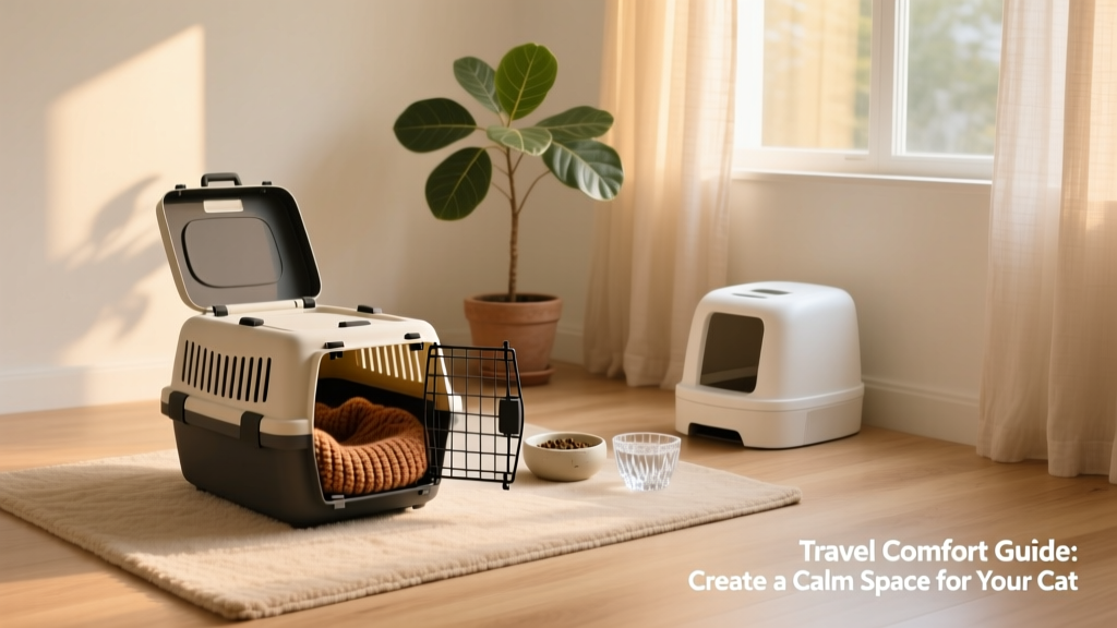 A serene indoor space set up for a traveling cat: carrier open with blanket, nearby litter box, food bowl, and water dish—all in a quiet, softly lit room