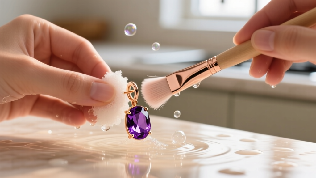 Hands gently scrubbing a rose gold amethyst earring with a soft brush in warm soapy water, bright natural lighting, macro detail.