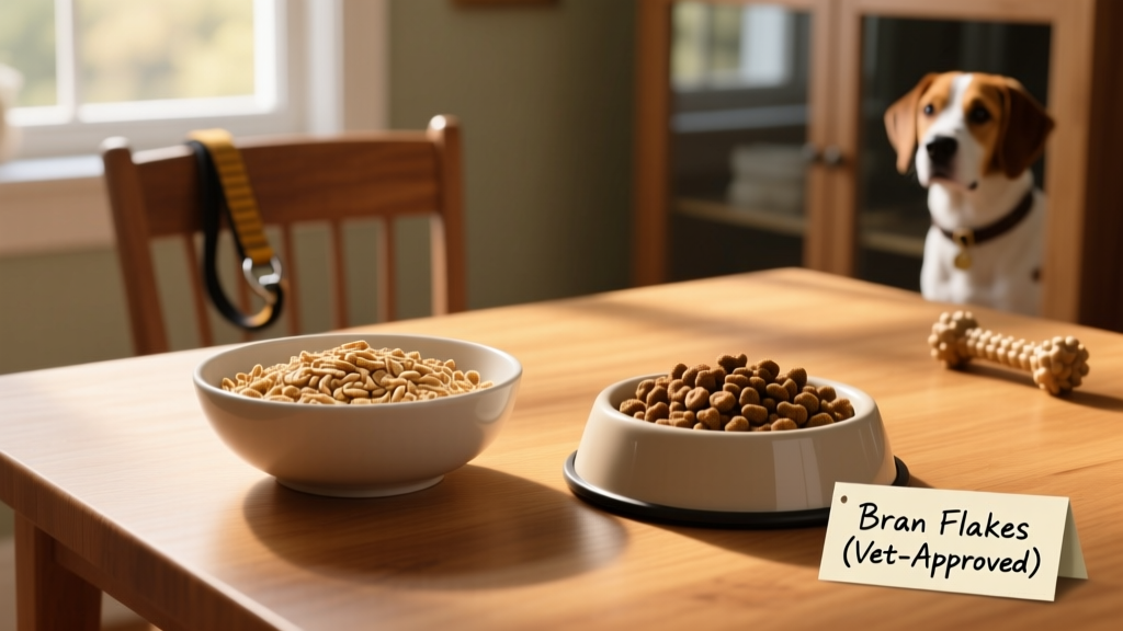A bowl of plain bran flakes next to a dog’s food bowl, showing portion comparison