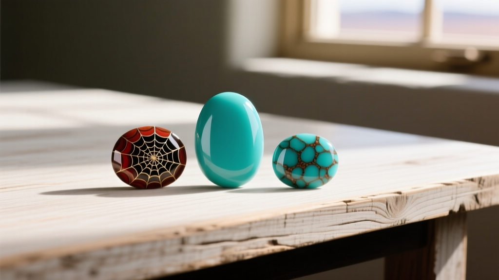 Polished turquoise cabochons from Bisbee and Sleeping Beauty mines showing red-brown and black spiderweb matrix on a wooden desk.
