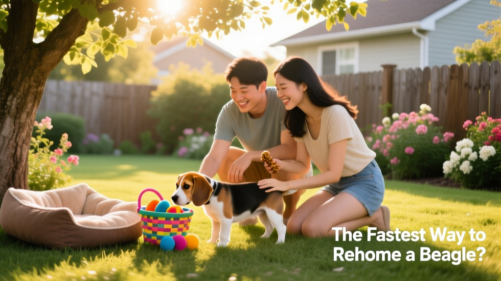 Two people gently introducing a Beagle to a new backyard with toys and a cozy dog bed