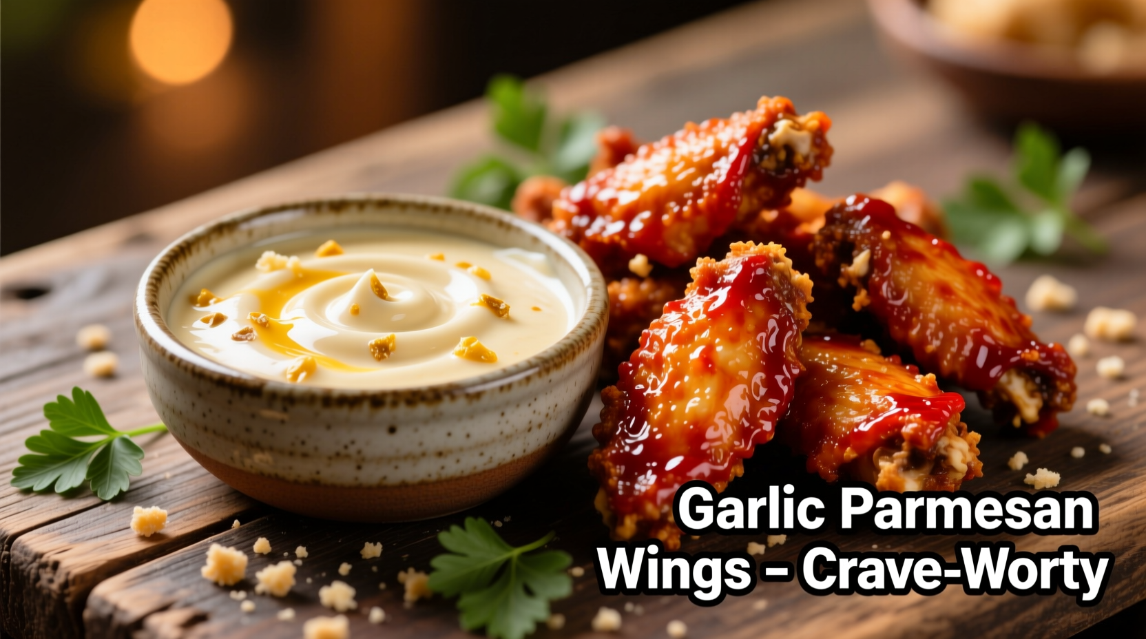 Creamy parmesan garlic sauce in a dipping bowl with wings