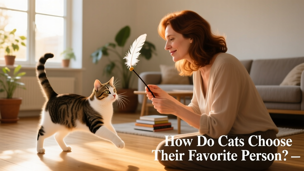 A woman gently playing with her cat using a feather wand toy