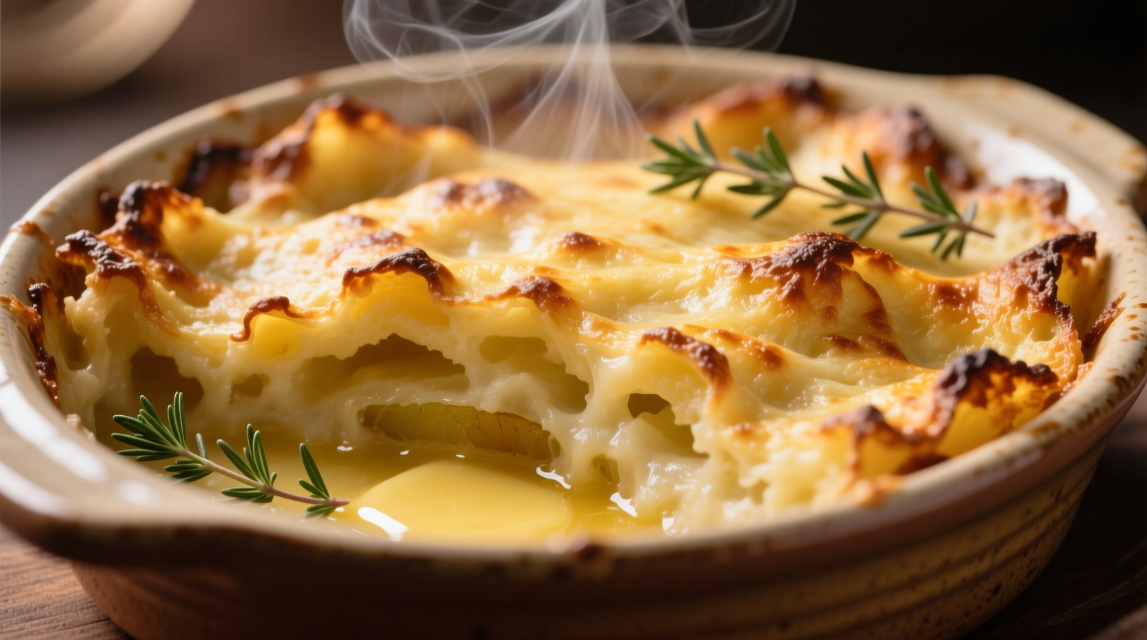 Golden potato gratin in ceramic dish with crispy edges
