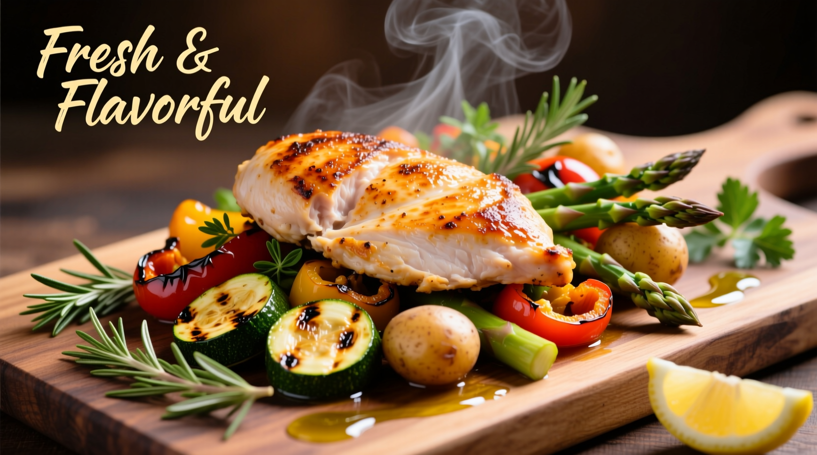 Colorful chicken breast meal with roasted vegetables and herbs