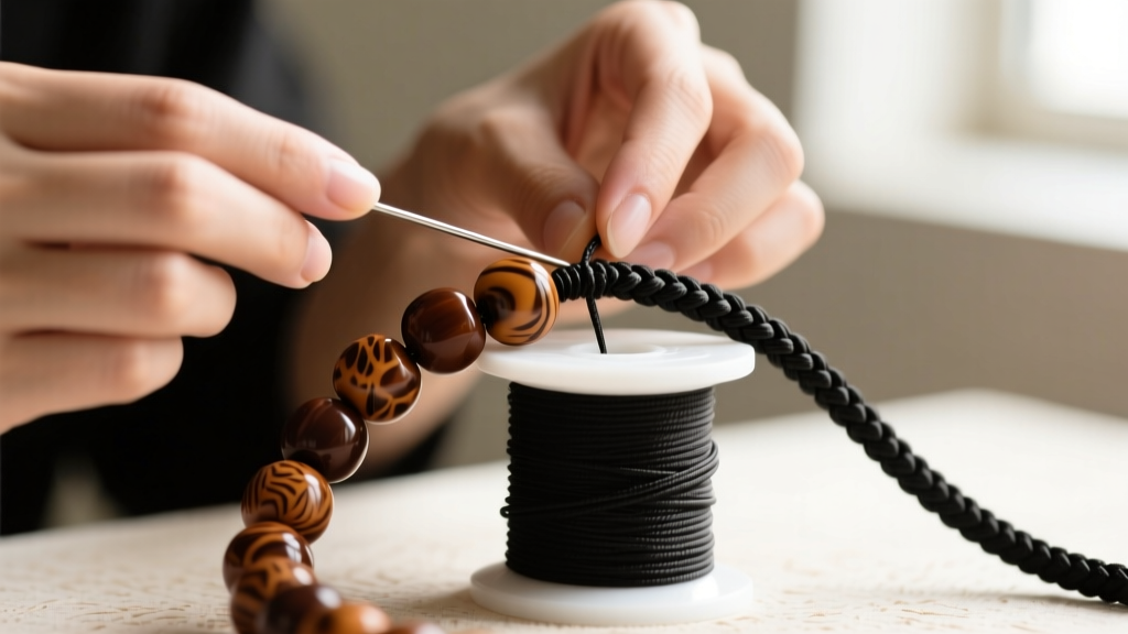 Hands using a flexible beading needle to restring large brown Hawaiian beads onto a spool of heavy-duty braided black nylon cord.