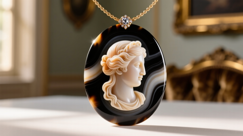 Close-up of a vintage sardonyx agate cameo necklace with woman's face carved in white against dark brown, resting on blue velvet.
