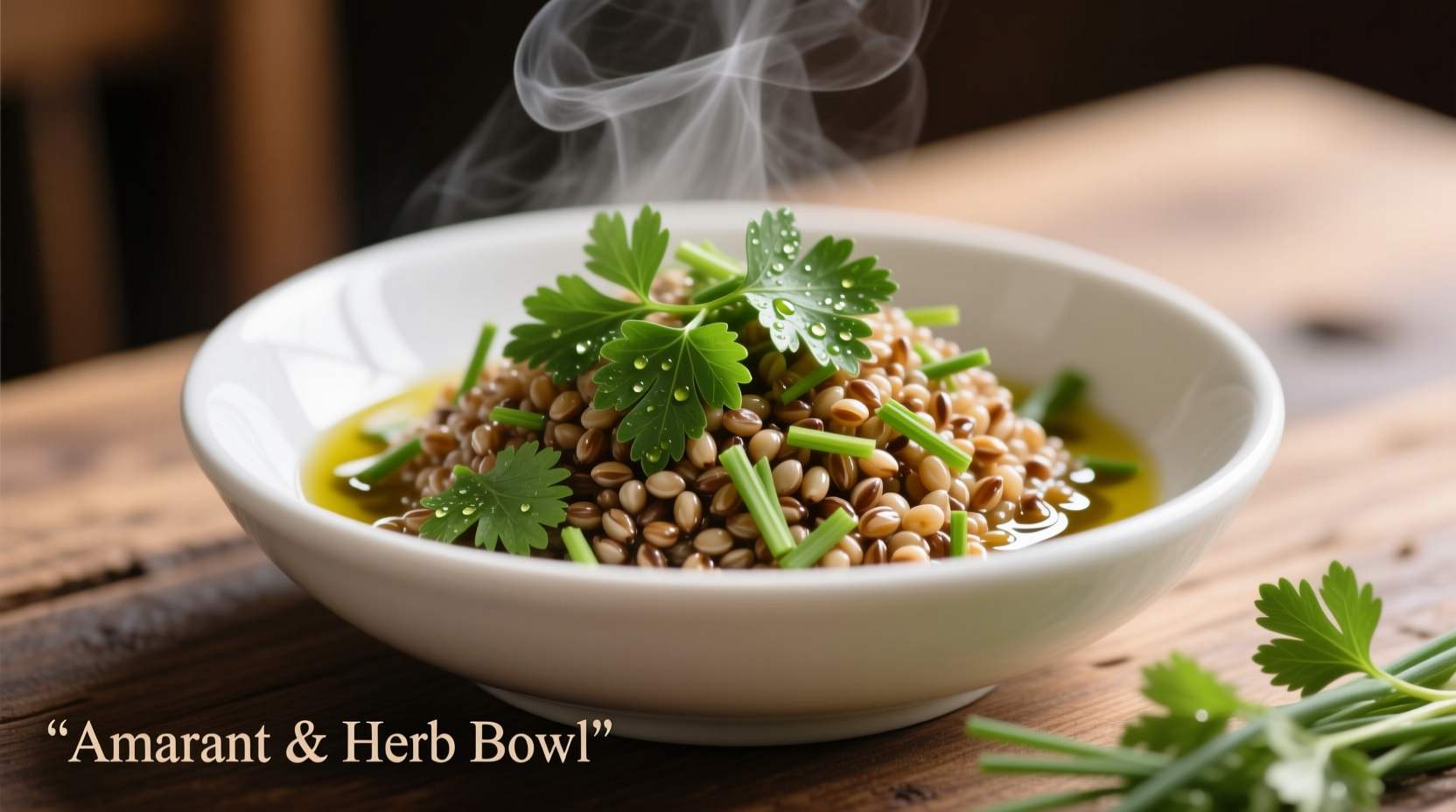 Cooked amaranth grain in a white bowl with fresh herbs