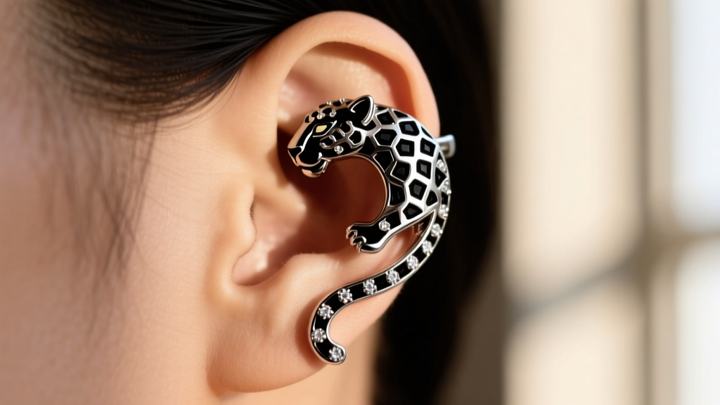 Close-up of an articulated jaguar ear cuff wrapping around ear cartilage, featuring pave diamonds and black rhodium plating