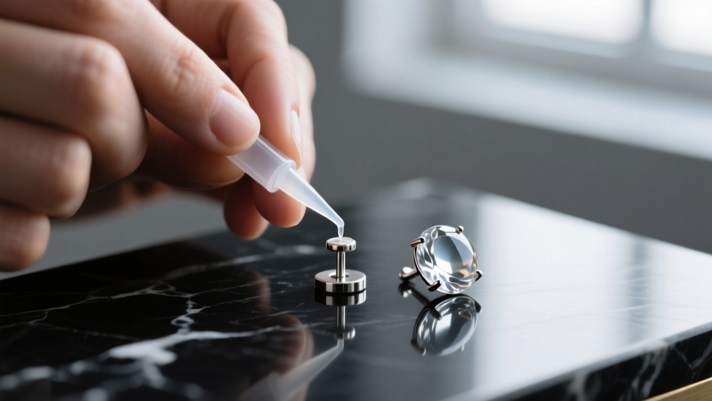 Macro shot of jeweler applying two-part clear epoxy to a 10mm stainless steel stud pad with a glass cabochon beside it