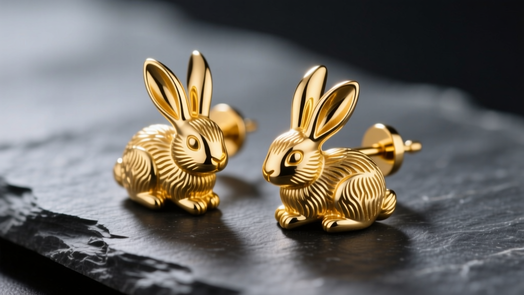 Macro shot of 14k yellow gold rabbit stud earrings on dark slate, highlighting intricate fur texture and polished 18-gauge posts.