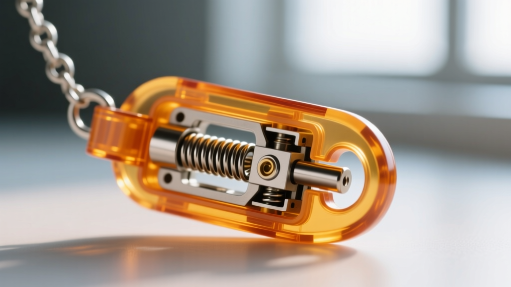 Close-up of an open ABS plastic breakaway clasp from a panic necklace revealing the internal metal spring and locking pin mechanism