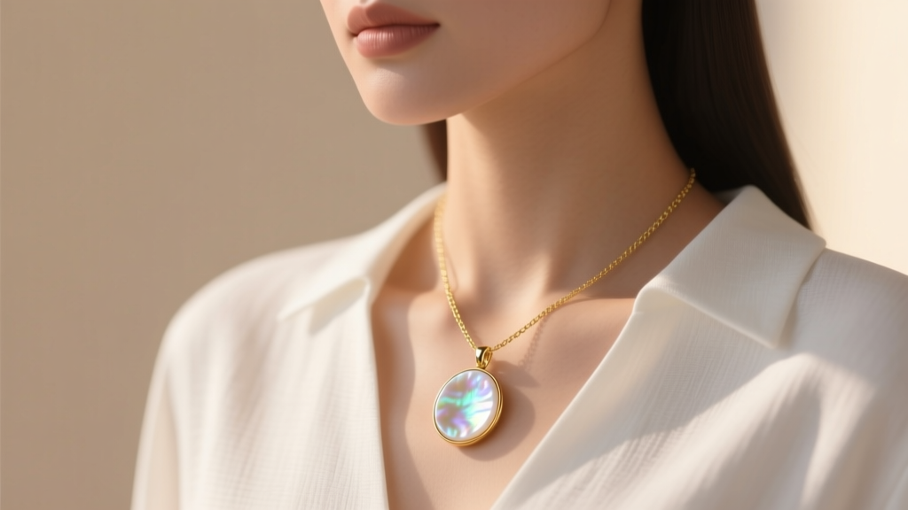 Elegant mother of pearl pendant on a delicate 18-inch gold chain, worn over a white linen blouse against a soft blurred backdrop