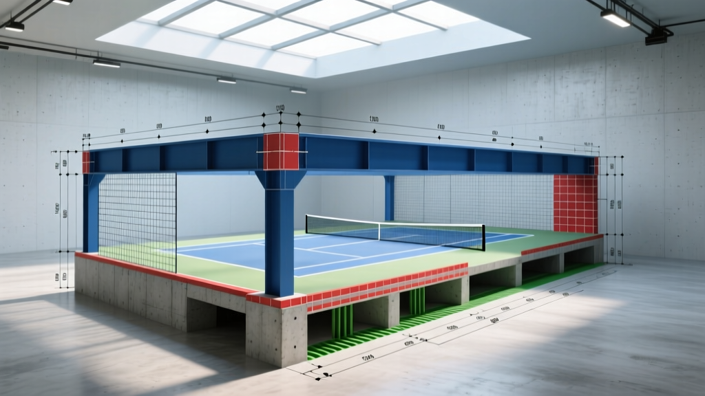 Architectural blueprint showing the precise dimensions and concrete foundation layout for a rigid indoor tennis court structure