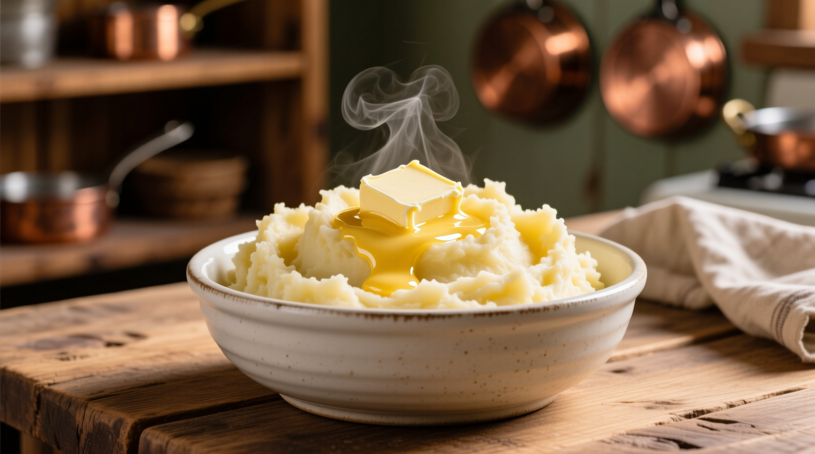 Creamy golden mashed potatoes in white bowl with butter melting on top
