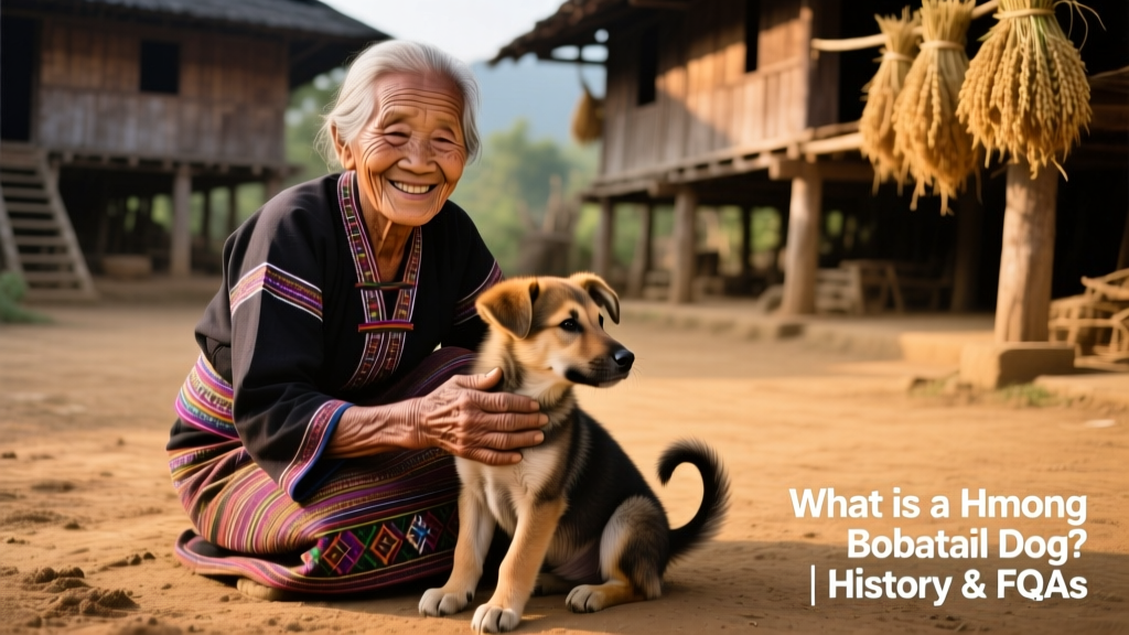 A Hmong elder gently placing a hand on a calm, seated Hmong Bobtail puppy, symbolizing intergenerational stewardship of the breed