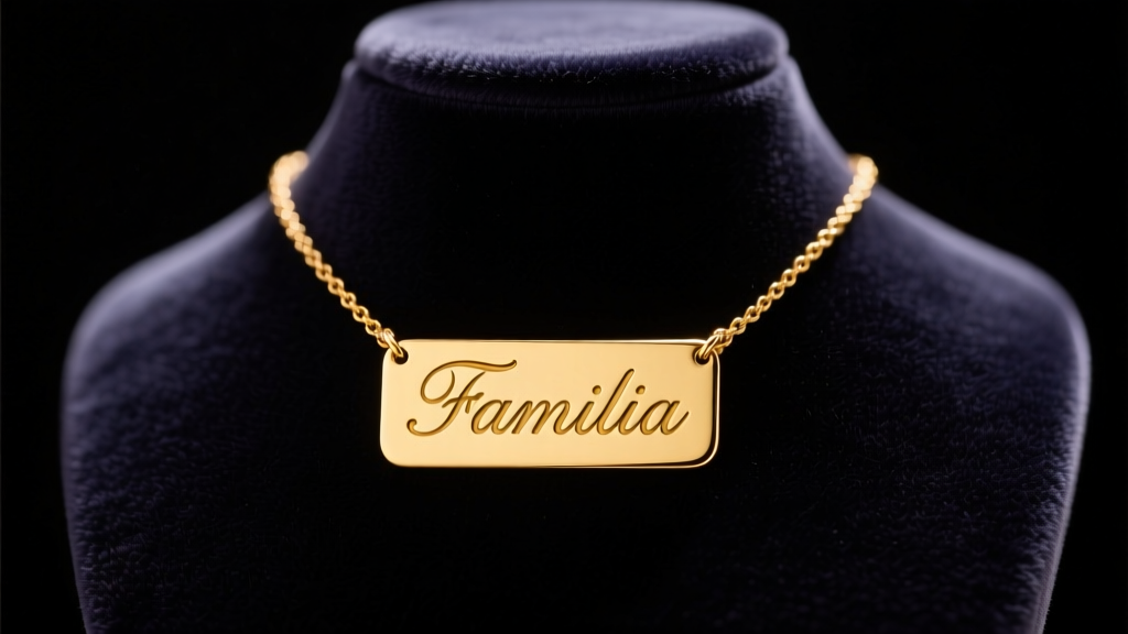 14k yellow gold nameplate necklace spelling Familia in cursive script on a dark velvet bust under soft, warm studio lighting.