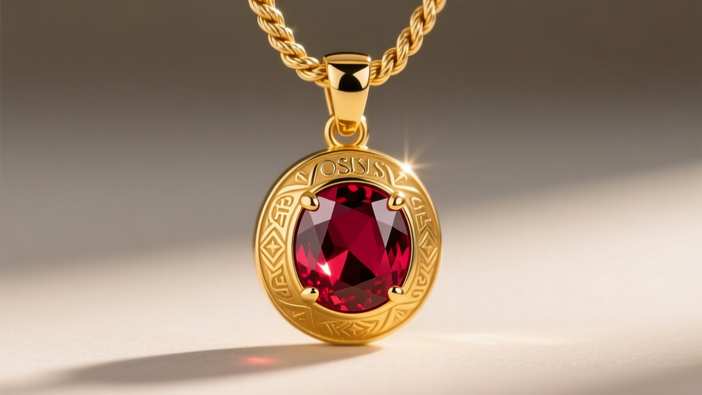 Close-up of a solid 14k yellow gold pendant replica of the OSRS Necklace of Passage featuring a bezel-set ruby on a rope chain.