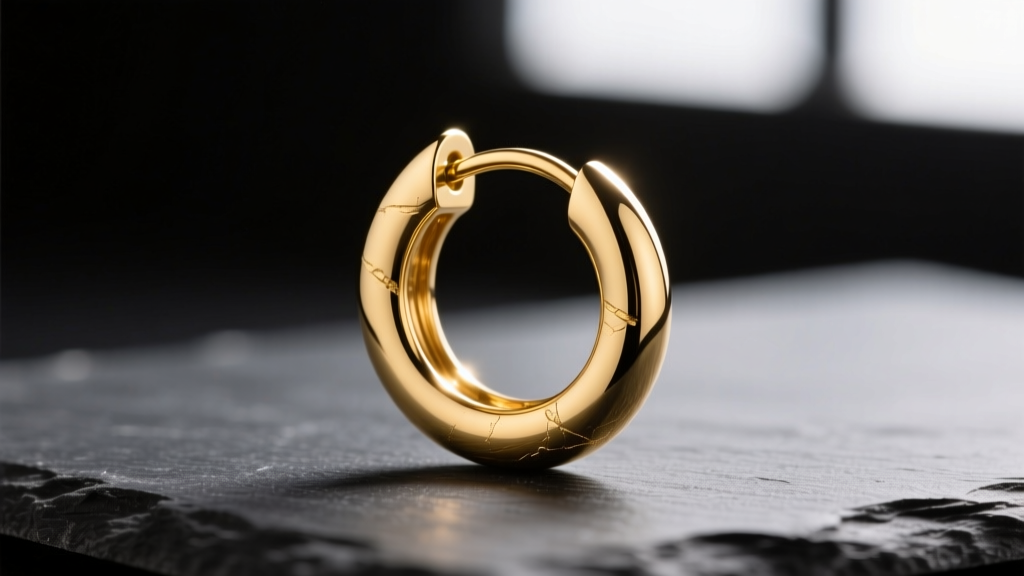 Macro photography of a polished 1-inch 14k yellow gold hoop earring with a seamless clicker closure resting on a dark slate surface