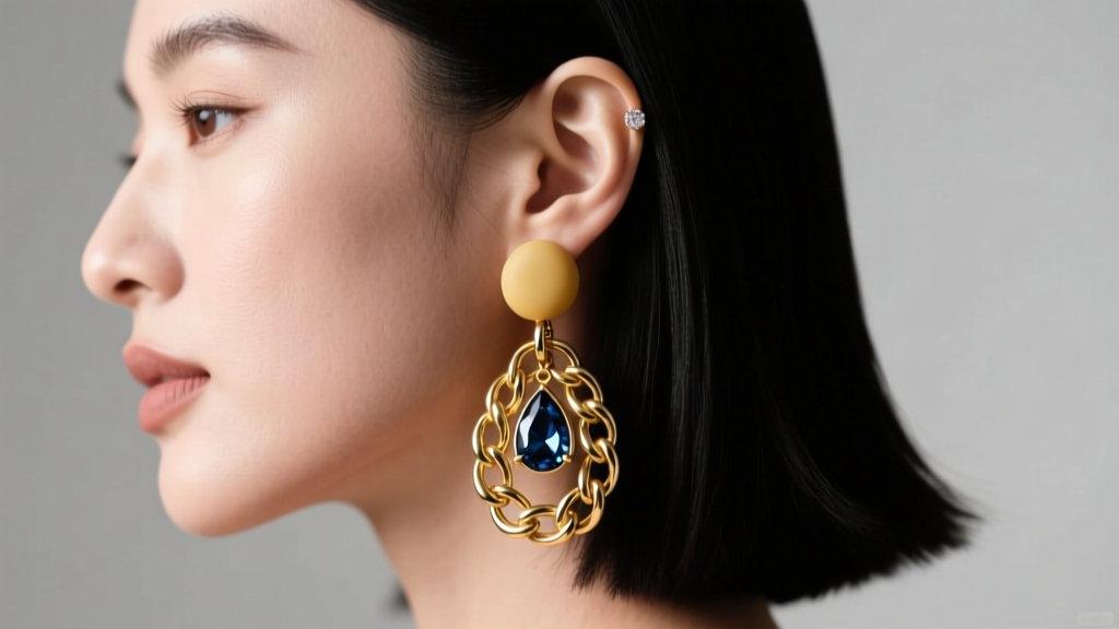 Side view of a woman wearing a heavy gold drop earring secured with a wide silicone backing, showing it sitting perfectly upright.