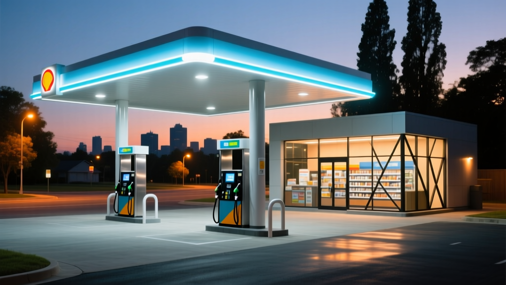 Modern gas station forecourt with bright LED canopy illuminating dual-sided fuel dispensers and a modular convenience store at dusk