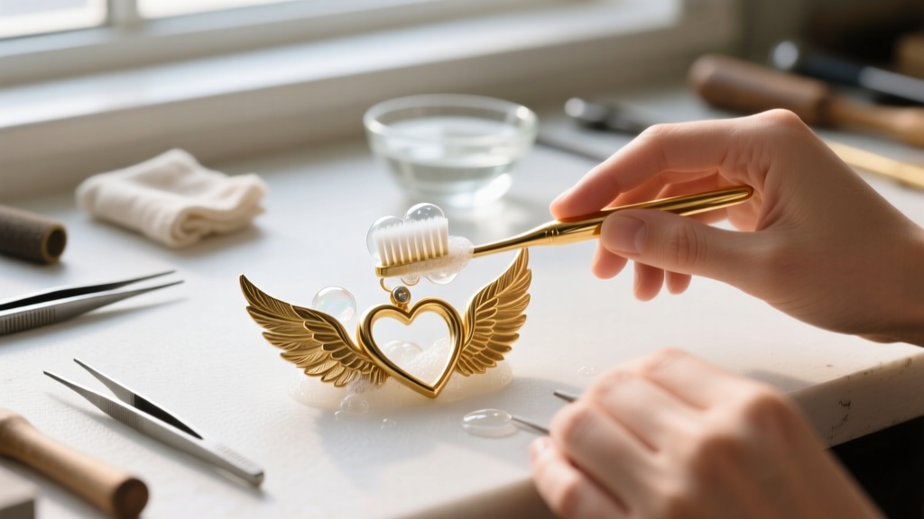 Hands using a soft toothbrush and soapy water to clean feather crevices of a gold vermeil winged heart pendant on a workbench.
