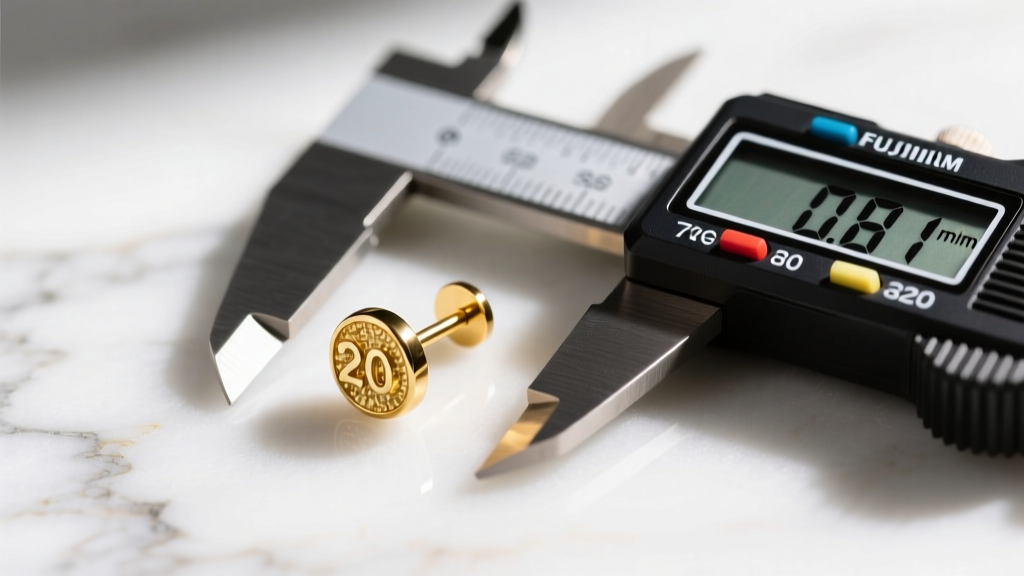 Macro shot of a 20-gauge gold stud earring post next to a digital caliper measuring 0.81 millimeters on a white marble surface