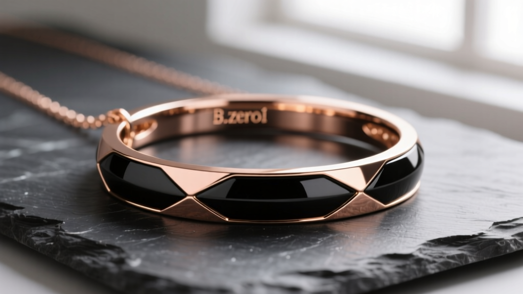 Macro shot of an 18k rose gold and black ceramic B.zero1 necklace on dark slate, soft lighting highlighting the polished ceramic.