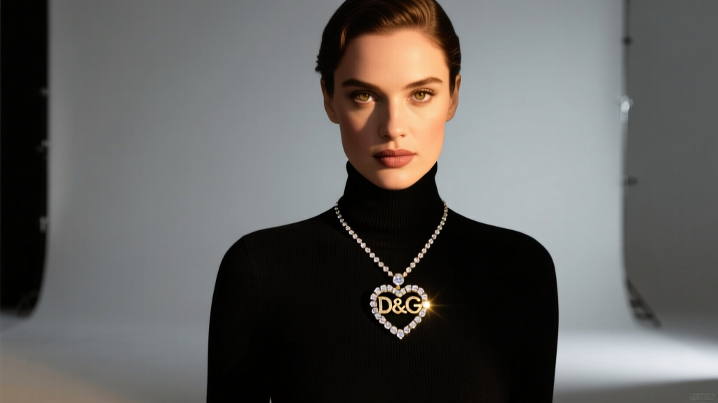 Woman wearing a crystal D&G heart pendant over a black turtleneck sweater, elegant evening lighting, chic editorial mood style.