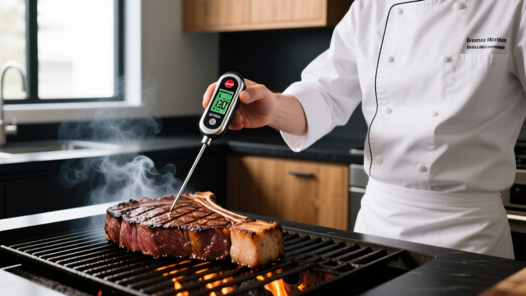 Chef checking internal temperature of a thick ribeye steak on a smoking charcoal grill using a digital instant-read meat thermometer