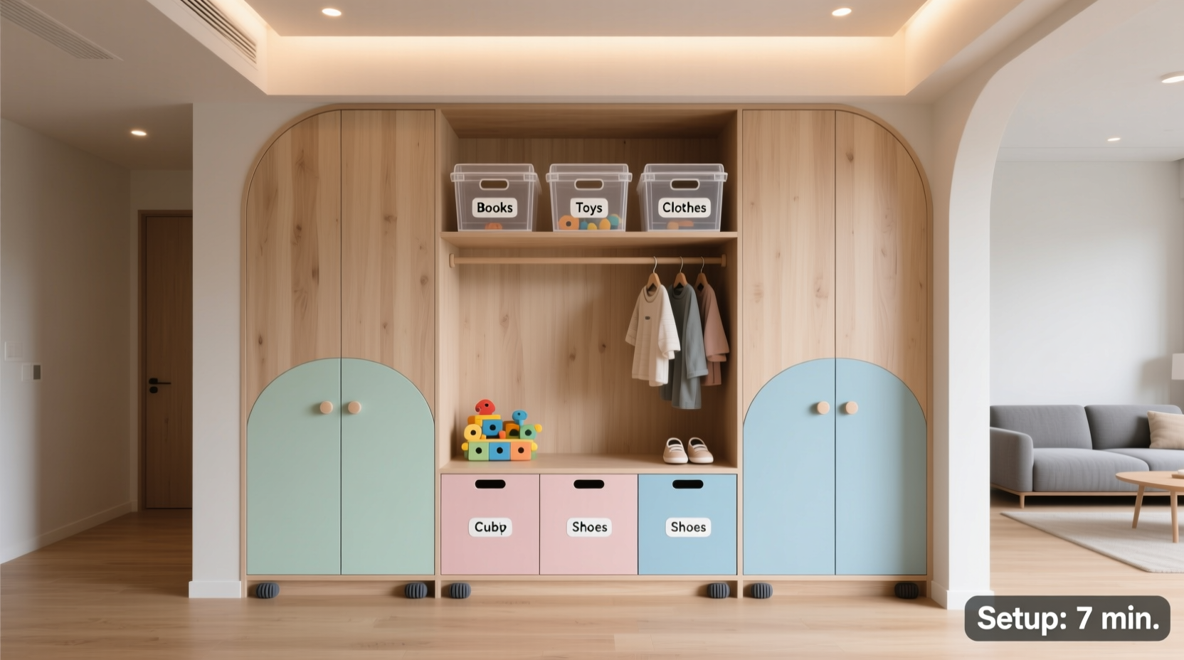organize toddler clothes in shared closet
