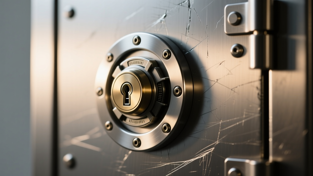 Macro photo of thick steel safe walls and a hardplate protecting an electronic lock mechanism under soft, warm studio lighting.