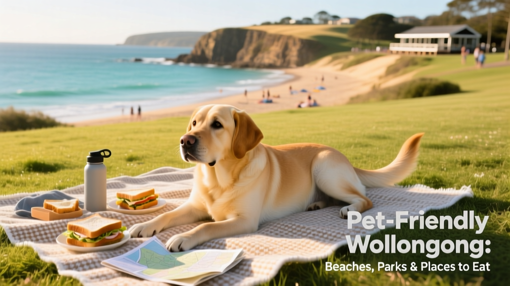 A friendly labrador lying contentedly beside a picnic blanket in a grassy park overlooking the Wollongong coastline