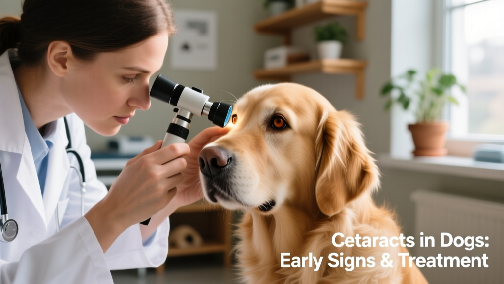 Veterinarian performing an ophthalmic exam on a dog using a handheld ophthalmoscope