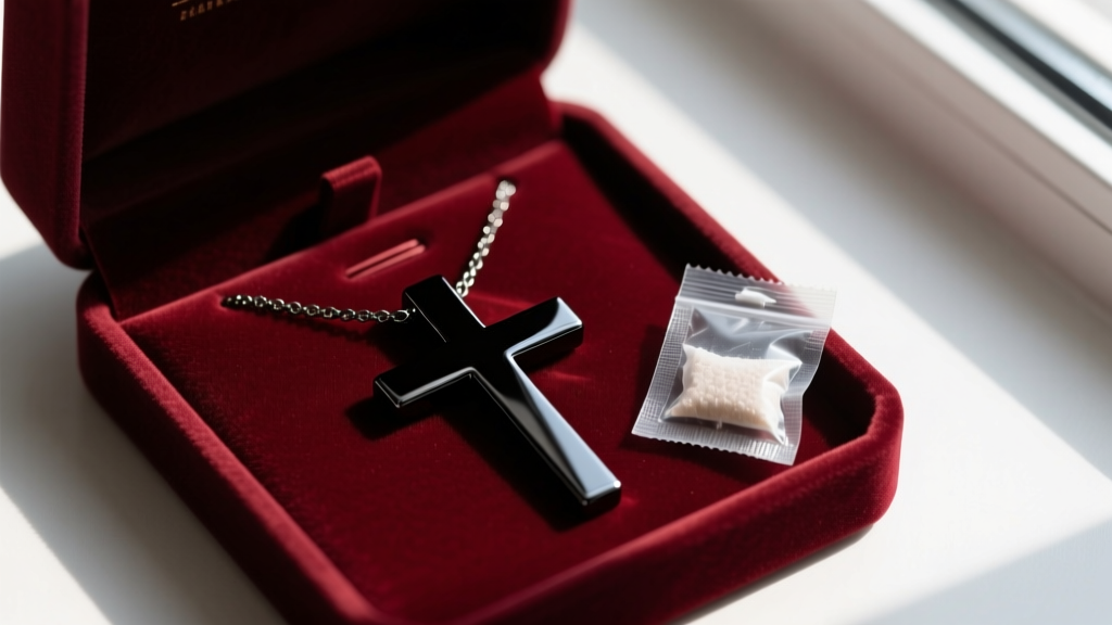 Black steel cross necklace in a velvet box, beside a silica packet to prevent moisture damage and scratches on the dark PVD finish.