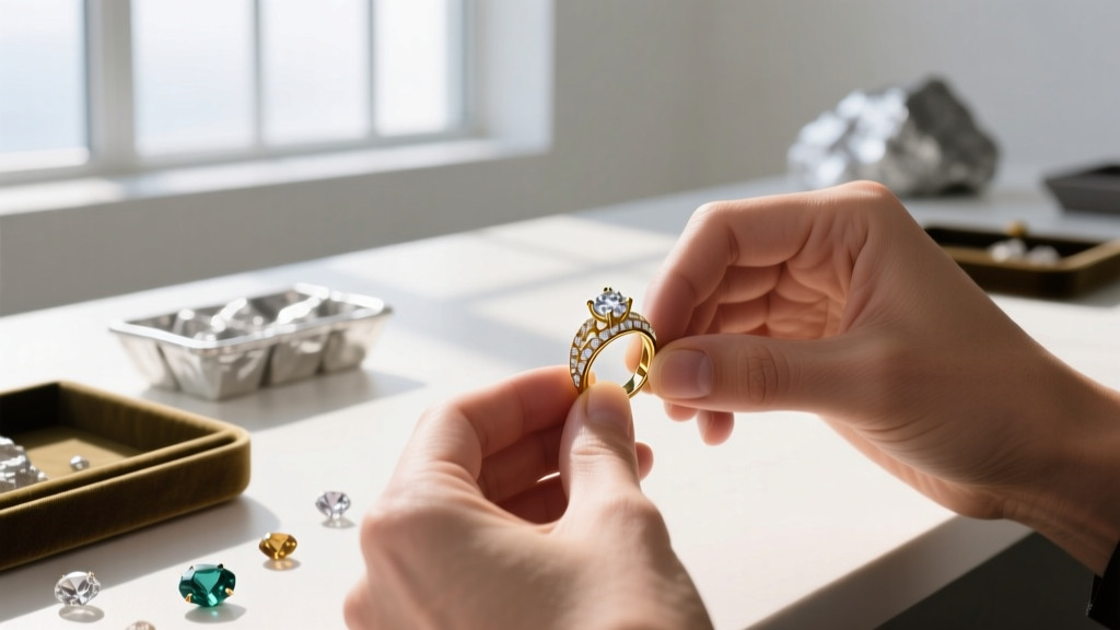 Jeweler's workbench showing a two-tone earring being rhodium plated, with the yellow gold sections carefully masked off by tape.
