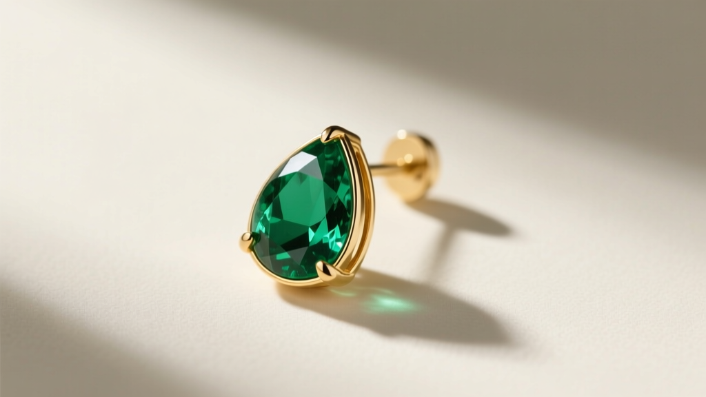 Emerald drop earring with a half-bezel 14k gold setting protecting gemstone corners, photographed from a strict top-down angle.