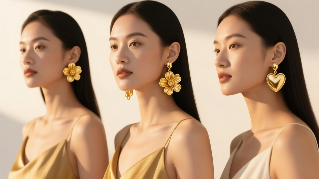 Three women modeling varying lengths of gold flower dangle earrings to flatter round, oval, and heart face shapes in warm light