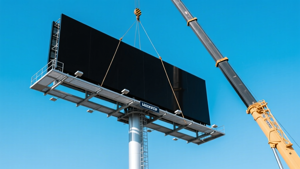Massive 14x48 digital LED billboard face being hoisted by a crane onto a galvanized steel monopole structure against a clear blue sky