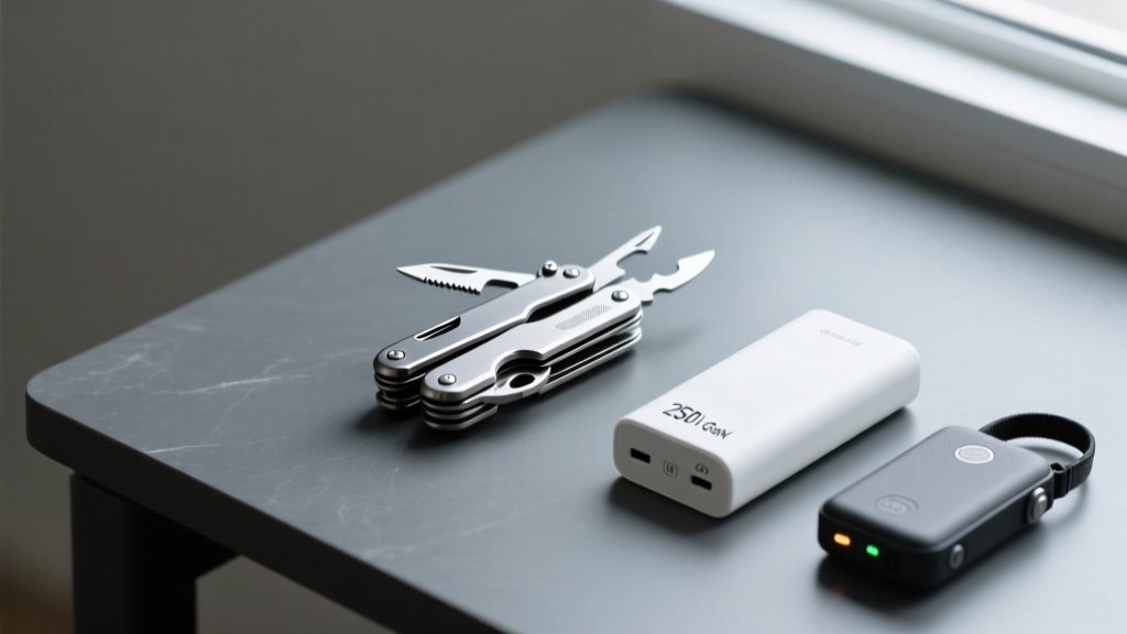 Flat-lay of a modern EDC setup on a slate desk featuring a titanium multi-tool, a 250W GaN power bank, and a satellite messenger
