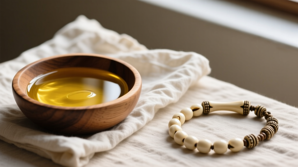 Wooden bowl of raw jojoba oil and soft cloth next to a disassembled vintage bone beaded necklace awaiting careful restoration.