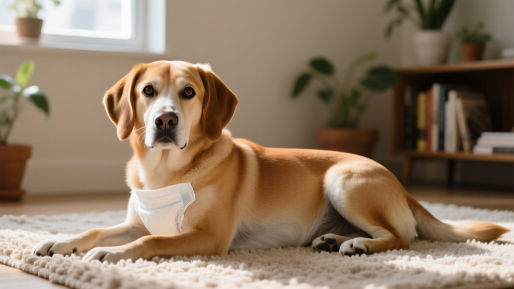 Close-up of a calm, healthy female dog resting indoors, with a soft dog diaper visible