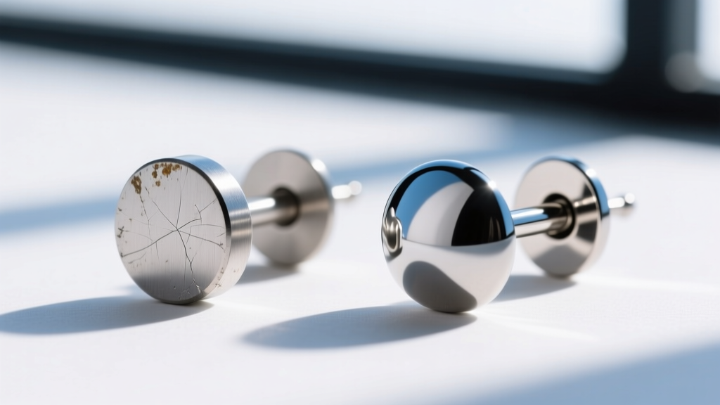 Macro photo comparing a scratched 316L stainless steel earring post next to a flawless mirror-polished implant-grade titanium post