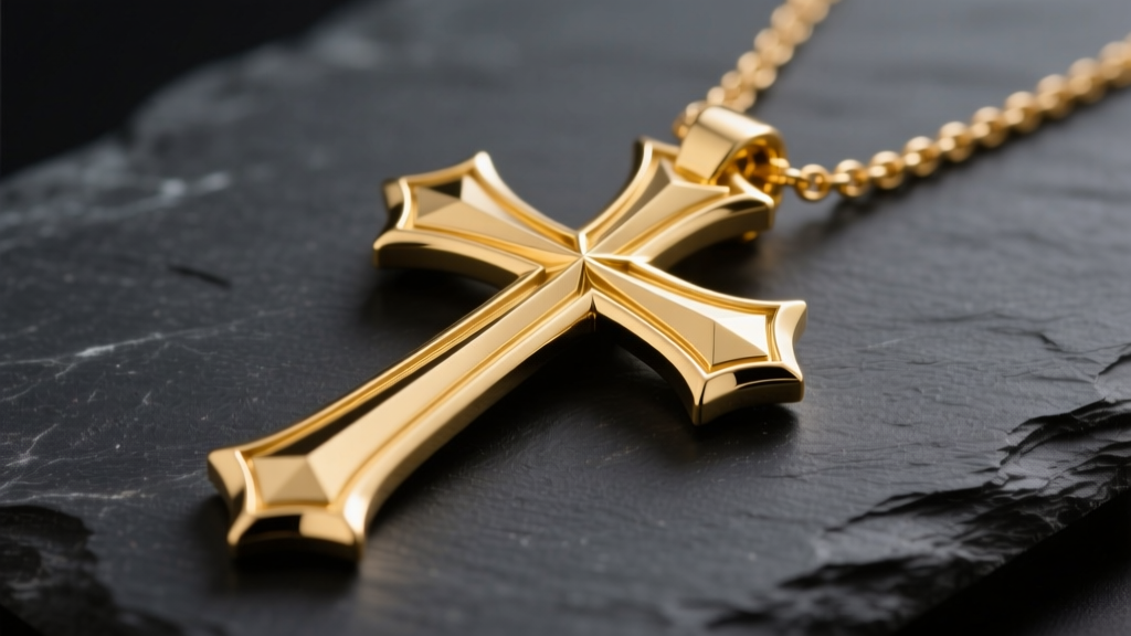 Heavy 14k yellow gold crusader cross necklace on dark slate, showing the elongated lower beam and intricate beveled metal edges.