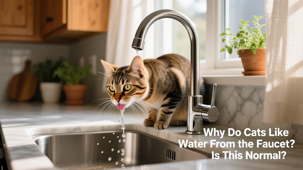 A curious cat drinking from a gently flowing kitchen faucet
