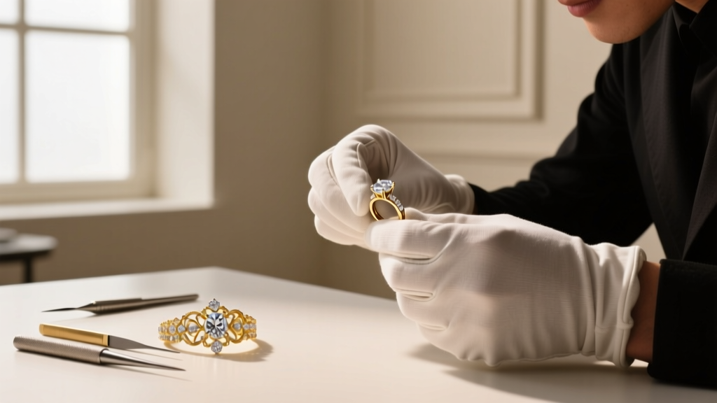 Jeweler's hands using a laser welder to attach a platinum ball clasp to the French wire of a freshly restrung Akoya pearl necklace